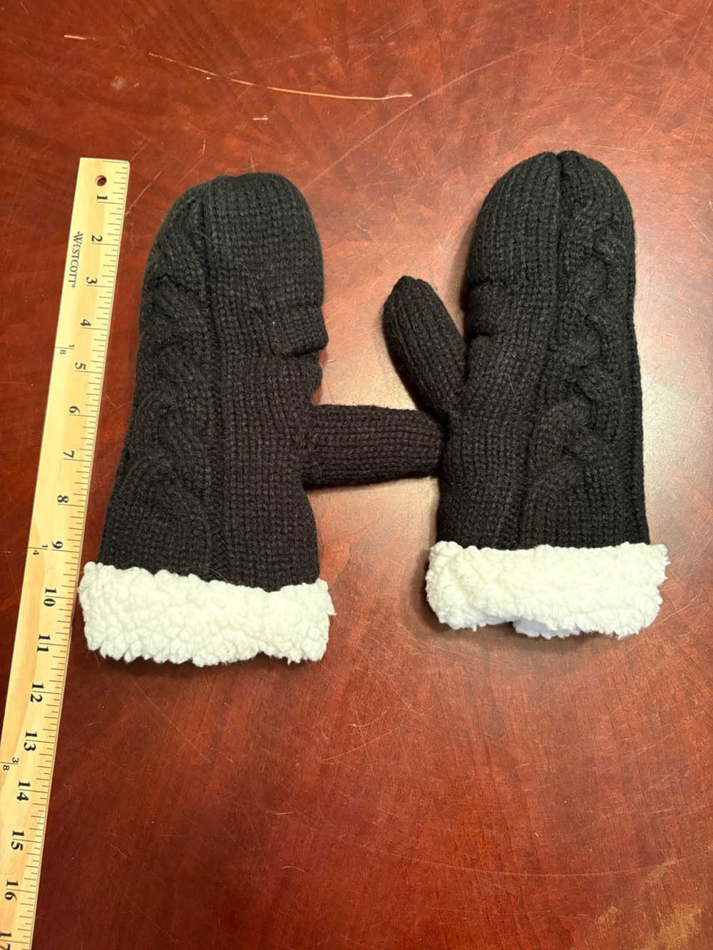 PINK Victoria's Secret Black Knit Mittens with White Sherpa Cuff